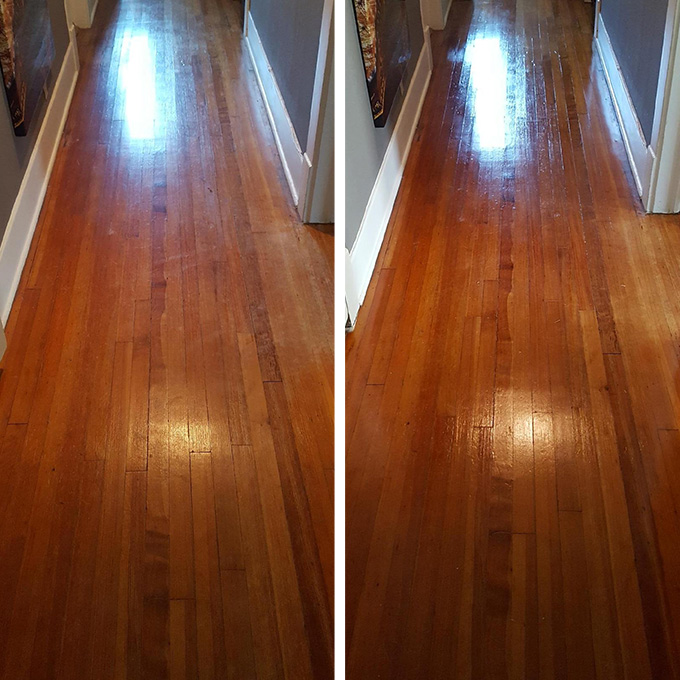 Our hardwood services restored this hallway floor 