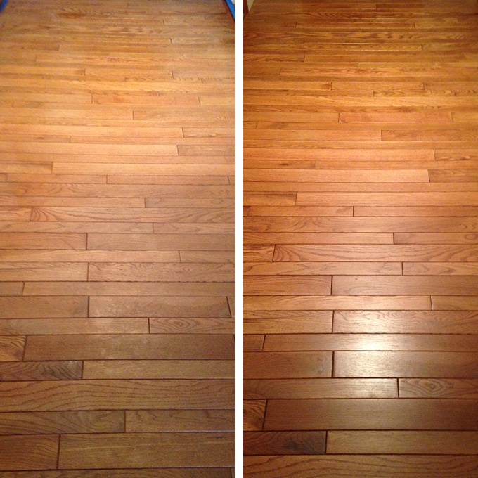 This hallway floor looks refreshed after our wood restoration services