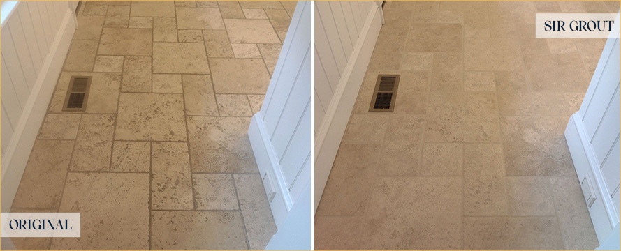 Travertine Floor Before and After a Grout Cleaning in Mercer Island, WA