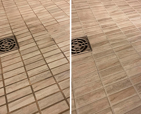 Shower Floor Before and After a Grout Sealing in Everett