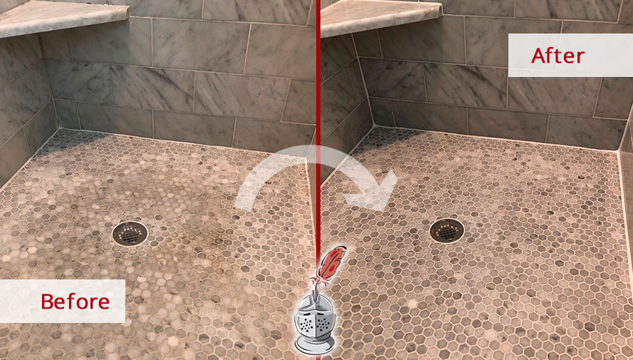 Picture of a Marble Shower Before and After a Professional Grout Cleaning in Seattle, WA